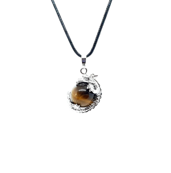 Sphere Tiger Eye Crystal Necklace Pendant With Silver Dragon