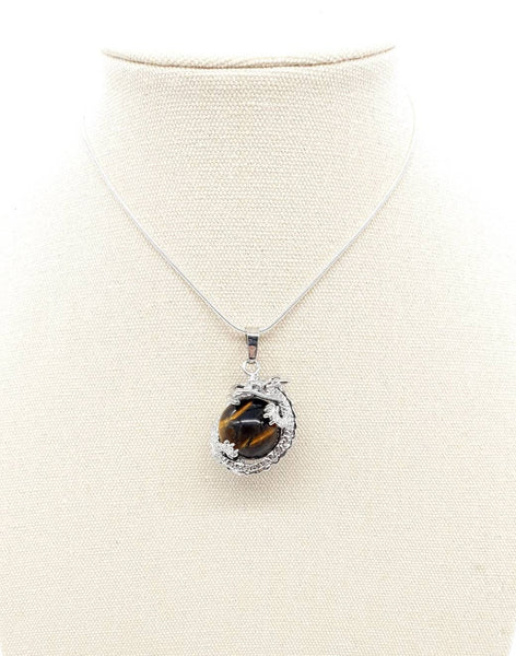 Sphere Tiger Eye Crystal Necklace Pendant With Silver Dragon