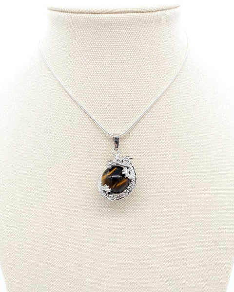 Sphere Tiger Eye Crystal Necklace Pendant With Silver Dragon