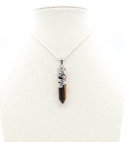 Point Tiger Eye Crystal Necklace Pendant With Silver Dragon