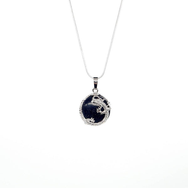 Blue Goldstone Crystal Necklace Pendant With Silver Dragon