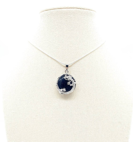 Blue Goldstone Crystal Necklace Pendant With Silver Dragon