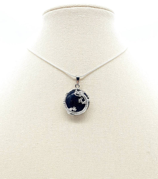Blue Goldstone Crystal Necklace Pendant With Silver Dragon