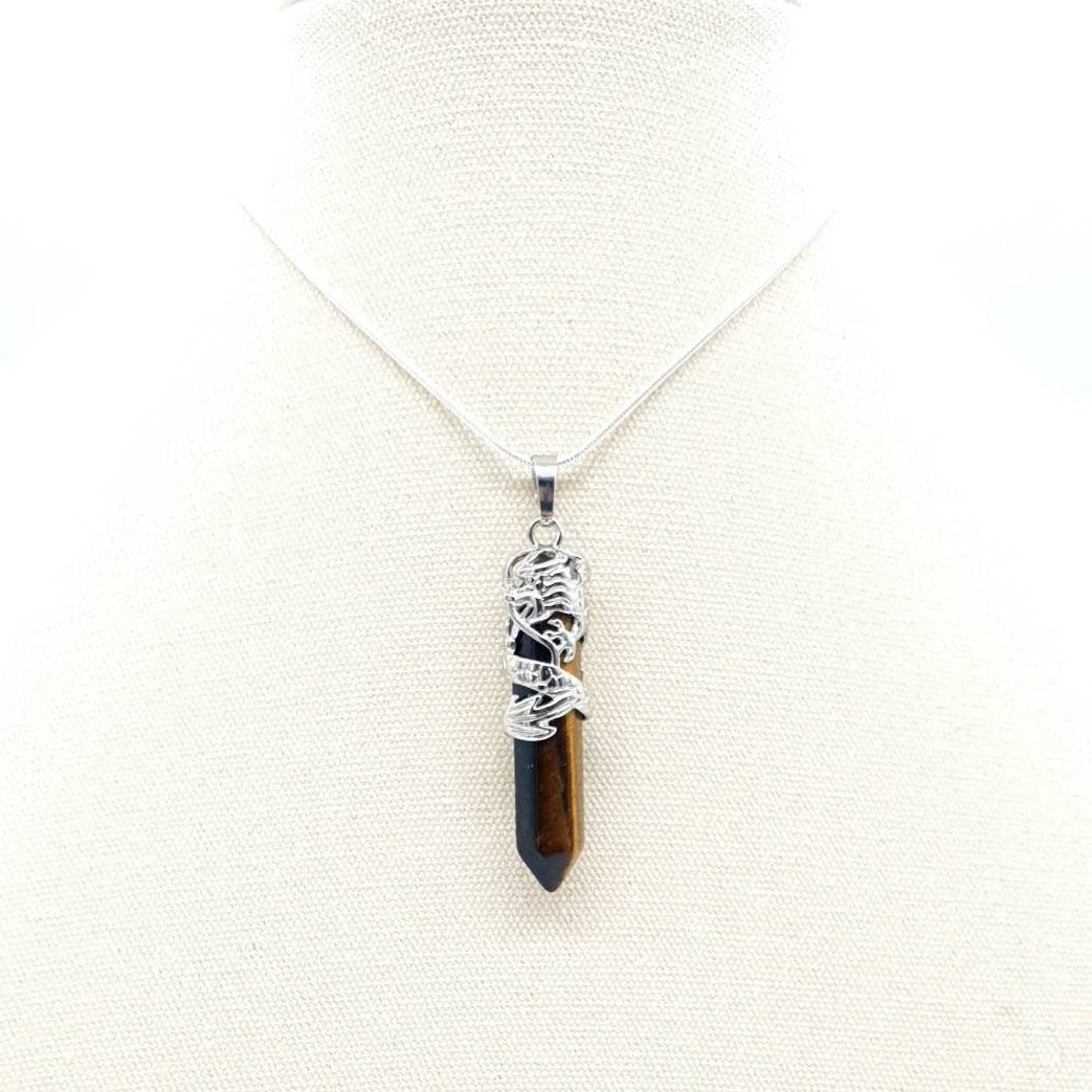 Point Tiger Eye Crystal Necklace Pendant With Silver Dragon