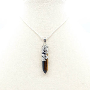 Point Tiger Eye Crystal Necklace Pendant With Silver Dragon