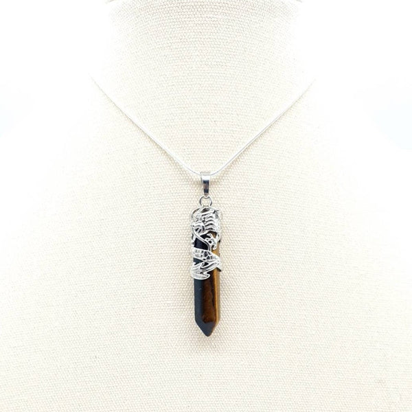 Point Tiger Eye Crystal Necklace Pendant With Silver Dragon