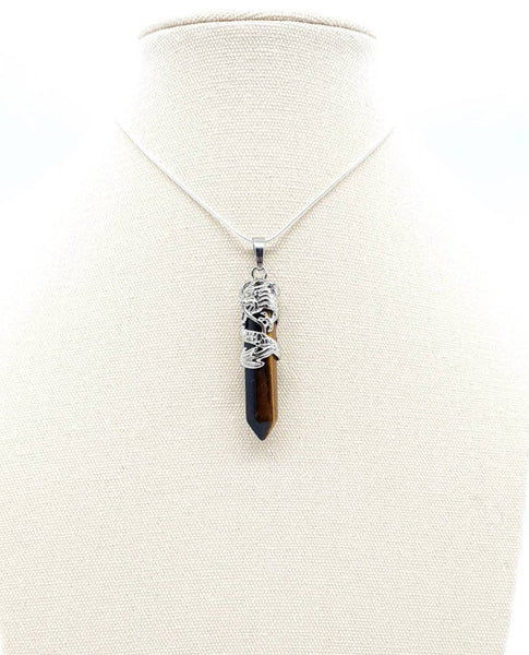 Point Tiger Eye Crystal Necklace Pendant With Silver Dragon