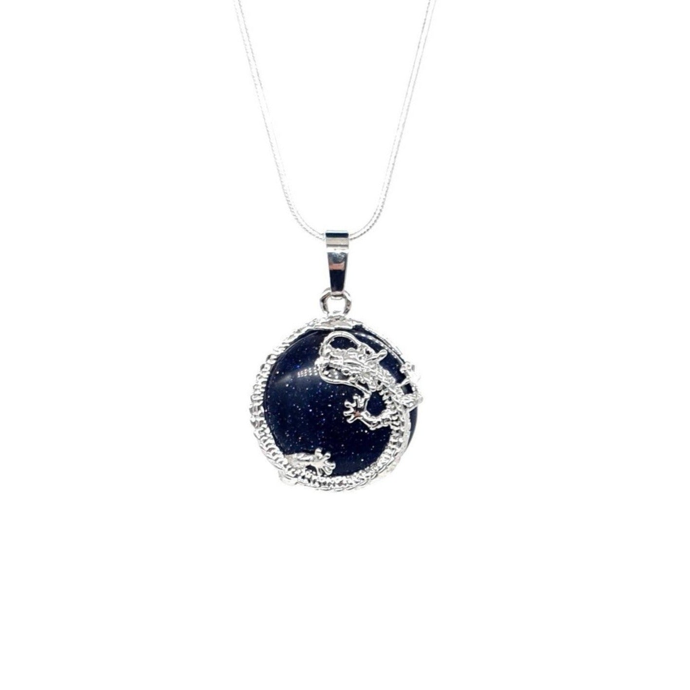 Blue Goldstone Crystal Necklace Pendant With Silver Dragon