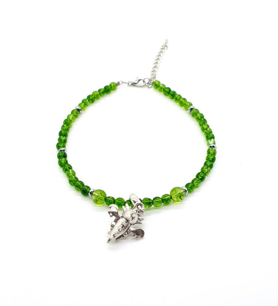 Green Peridot Crystal Anklet With Silver Dragon Pendant