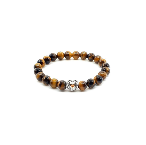 Tiger Eye Crystal Beaded Bracelet With Silver Heart Charm