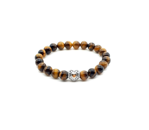 Tiger Eye Crystal Beaded Bracelet With Silver Heart Charm