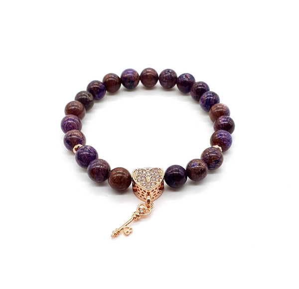 Purple Charoite Crystal Beaded Bracelet With Rose Gold Heart Charm
