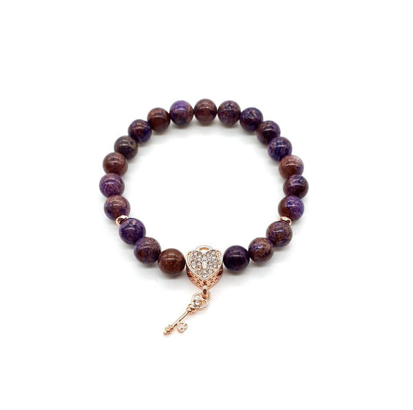 Purple Charoite Crystal Beaded Bracelet With Rose Gold Heart Charm