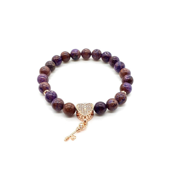 Purple Charoite Crystal Beaded Bracelet With Rose Gold Heart Charm