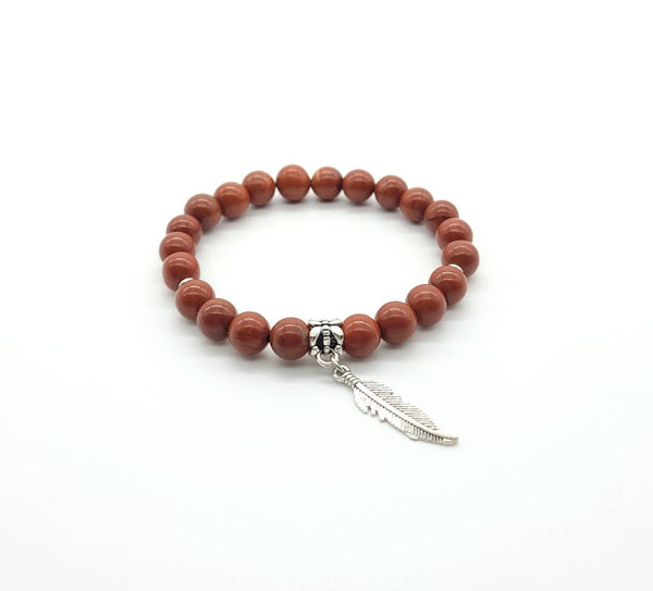 Red Jasper Crystal Beaded Bracelet With Silver Feather Charm