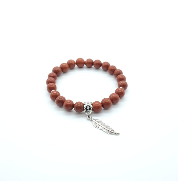Red Jasper Crystal Beaded Bracelet With Silver Feather Charm