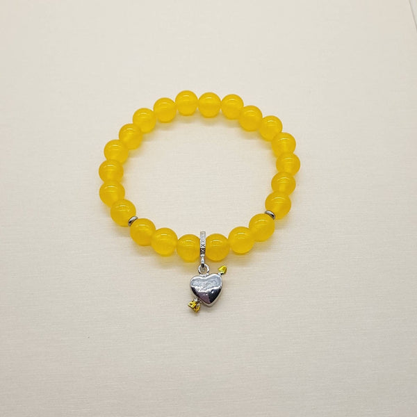 Yellow Jade Crystal Beaded Bracelet With Silver Heart