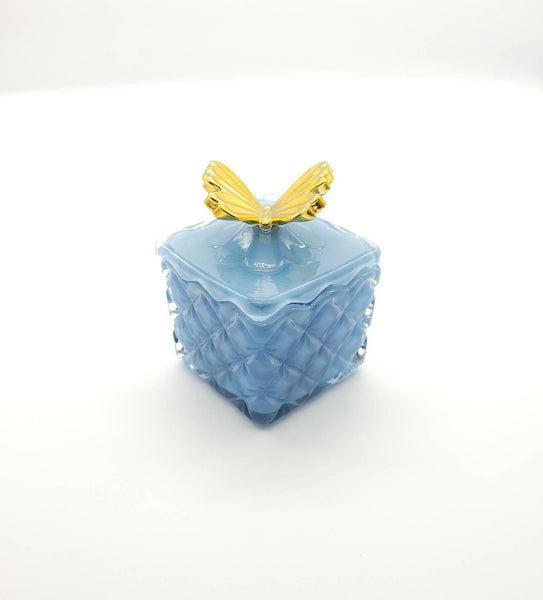 Luxury Blue & Gold Scented Candle Jar With Butterfly - Mango Peach Salsa