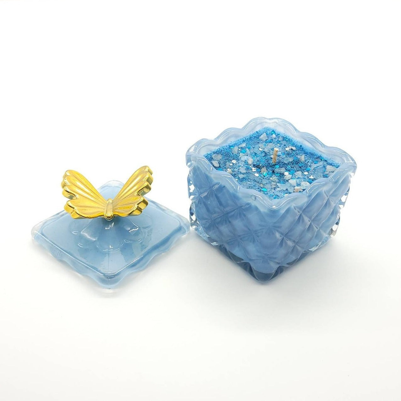 Luxury Blue & Gold Scented Candle Jar With Butterfly - Mango Peach Salsa