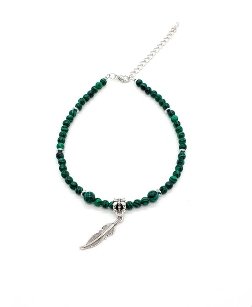 Green Malachite Crystal Anklet With Silver Feather Charm
