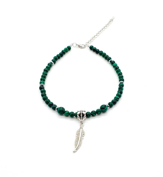 Green Malachite Crystal Anklet With Silver Feather Charm