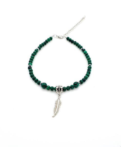 Green Malachite Crystal Anklet With Silver Feather Charm