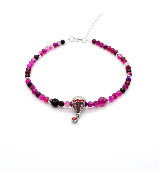Pink Agate Crystal Anklet With Hot Air Balloon Charm