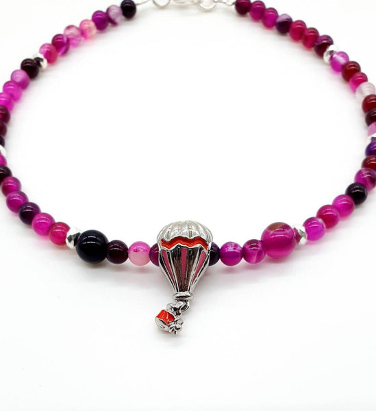 Pink Agate Crystal Anklet With Hot Air Balloon Charm