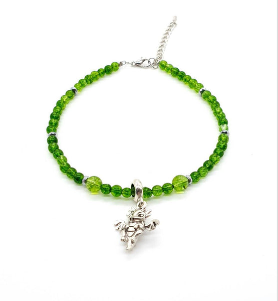 Green Peridot Crystal Anklet With Silver Dragon Pendant