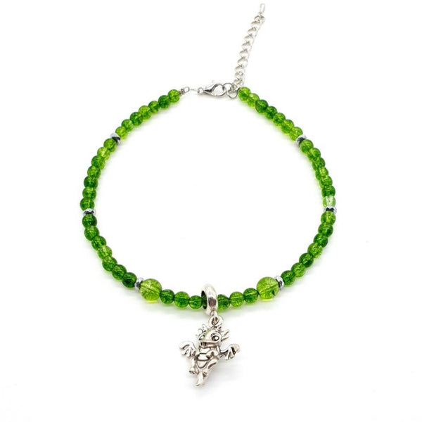 Green Peridot Crystal Anklet With Silver Dragon Pendant