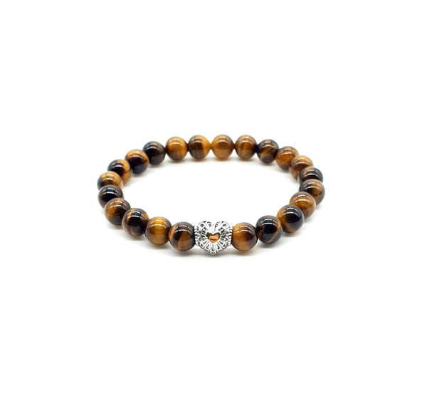 Tiger Eye Crystal Beaded Bracelet With Silver Heart Charm