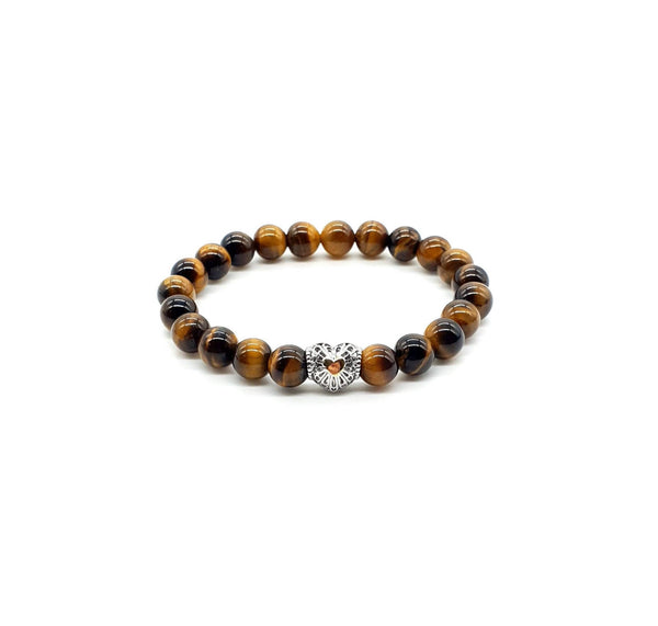 Tiger Eye Crystal Beaded Bracelet With Silver Heart Charm