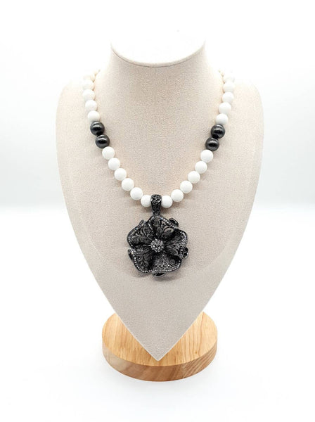 White Tridacna Beaded Necklace With Vintage Flower Pendant