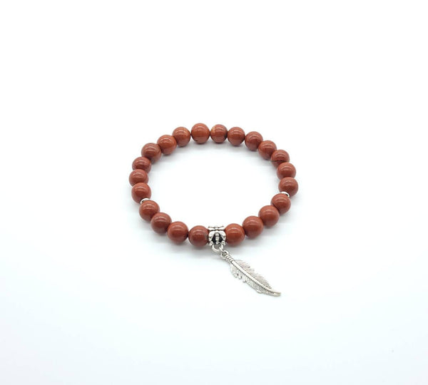 Red Jasper Crystal Beaded Bracelet With Silver Feather Charm
