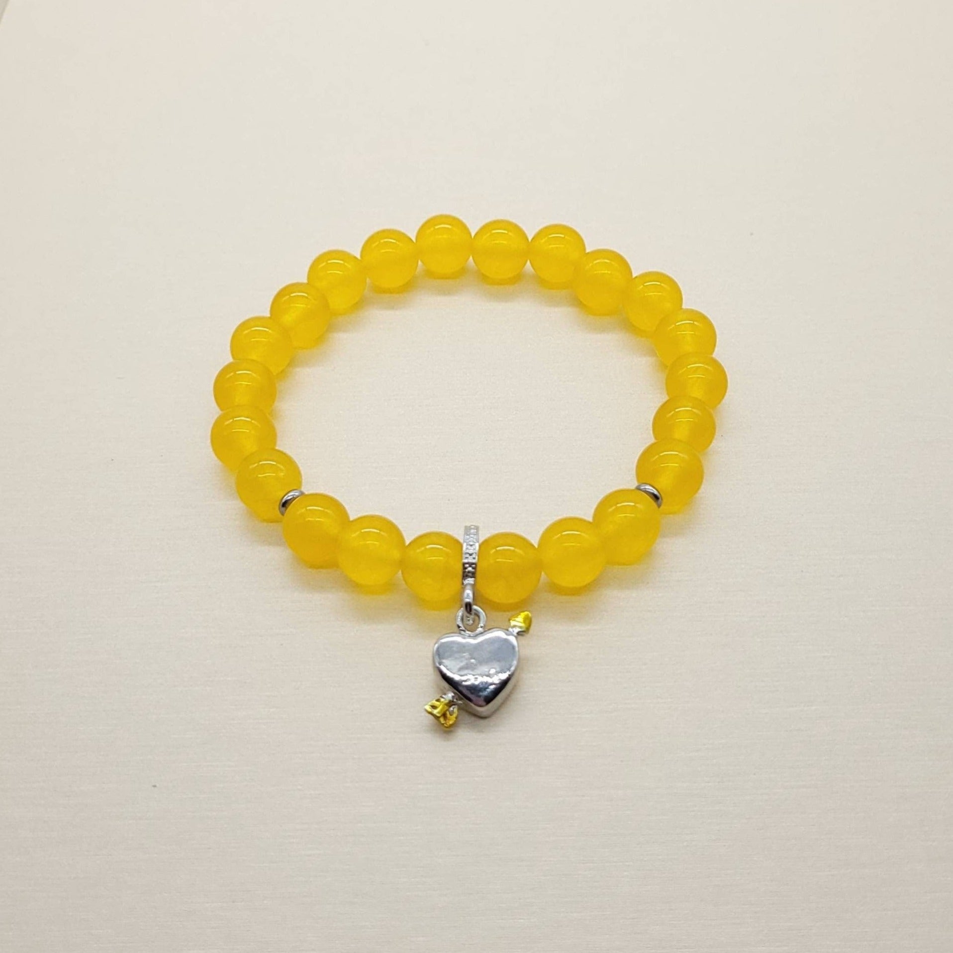 Yellow Jade Crystal Beaded Bracelet With Silver Heart