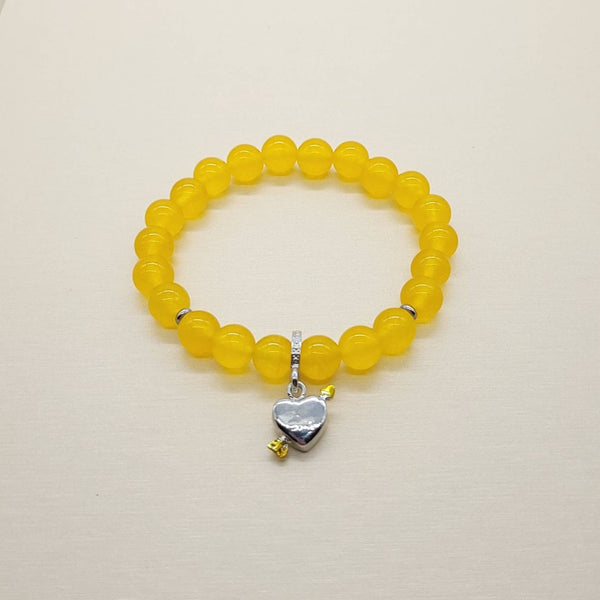 Yellow Jade Crystal Beaded Bracelet With Silver Heart