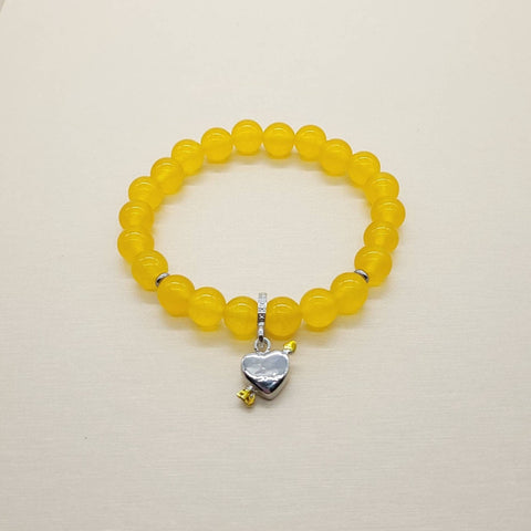 Yellow Jade Crystal Beaded Bracelet With Silver Heart