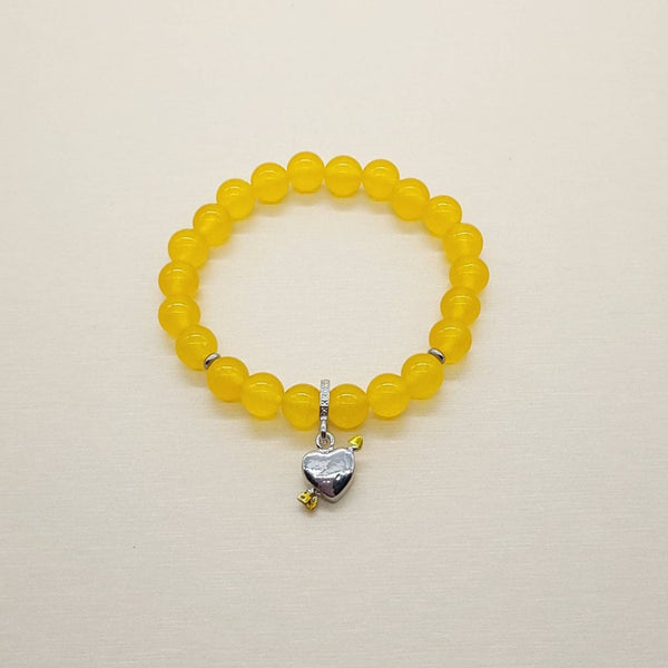 Yellow Jade Crystal Beaded Bracelet With Silver Heart