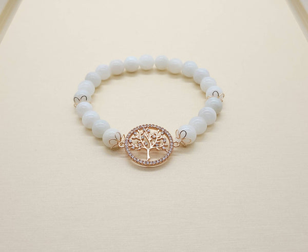 Moonstone Crystal Beaded Bracelet With Rose Gold Tree of Life Charm