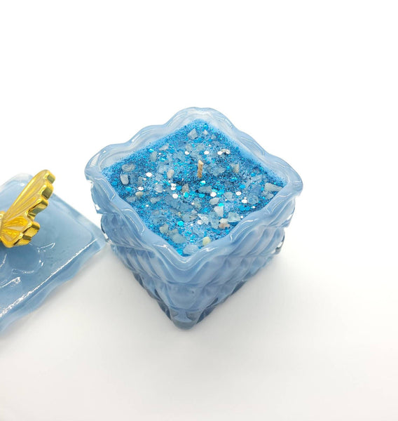 Luxury Blue & Gold Scented Candle Jar With Butterfly - Mango Peach Salsa