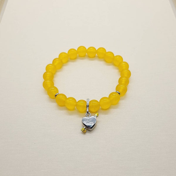 Yellow Jade Crystal Beaded Bracelet With Silver Heart