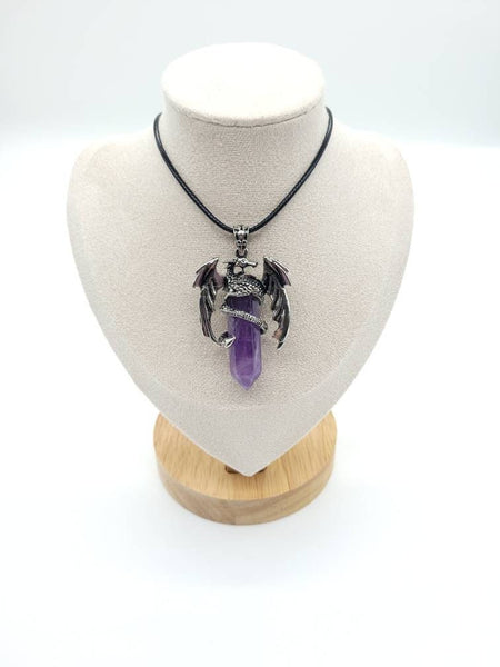 Large Point Purple Amethyst Necklace Pendant With Dragon