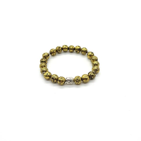 Gold Lava Rock Stone Beaded Bracelet With Silver Buddha