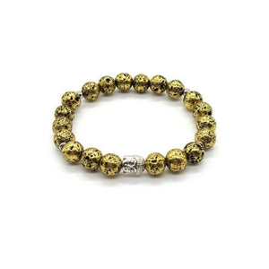 Gold Lava Rock Stone Beaded Bracelet With Silver Buddha