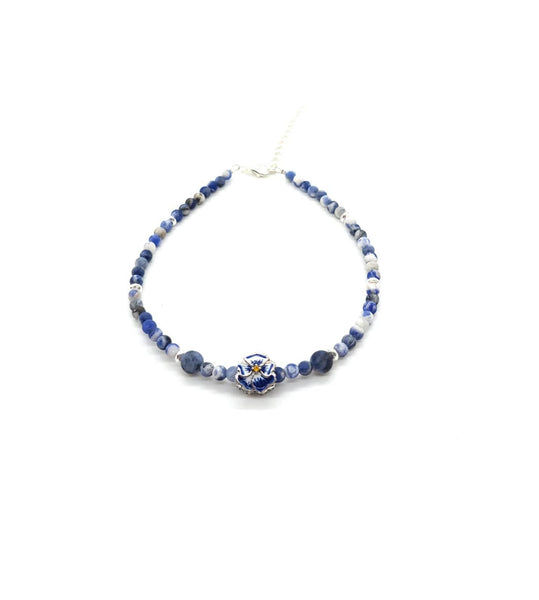 Navy Blue Sodalite Crystal Anklet With Blue Pansy Flower