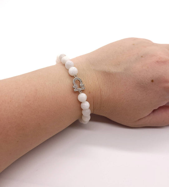 Moonstone Crystal Beaded Bracelet With Silver Libra Zodiac Sign
