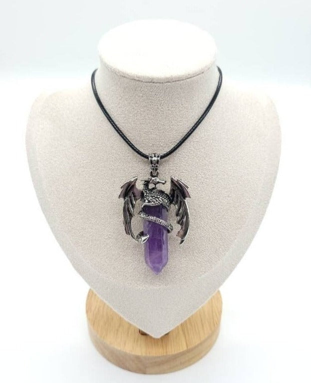 Large Point Purple Amethyst Necklace Pendant With Dragon