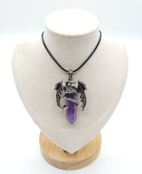 Large Point Purple Amethyst Necklace Pendant With Dragon