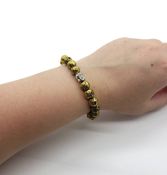 Gold Lava Rock Stone Beaded Bracelet With Silver Buddha