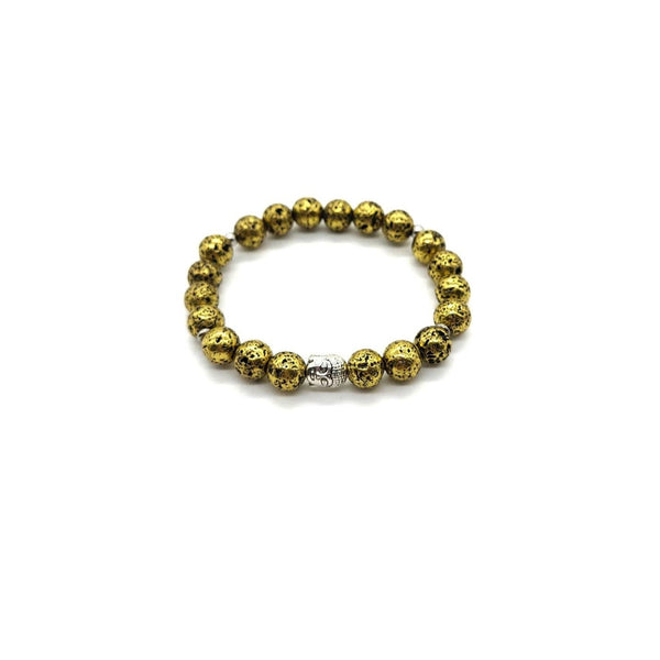 Gold Lava Rock Stone Beaded Bracelet With Silver Buddha